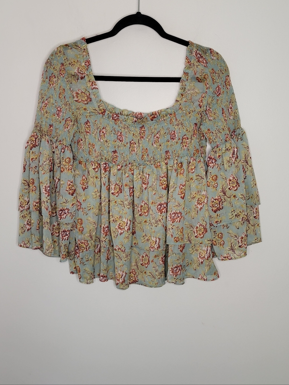 Free People Golden Age Smocked Floral Tiered Boho Blouse Top Small